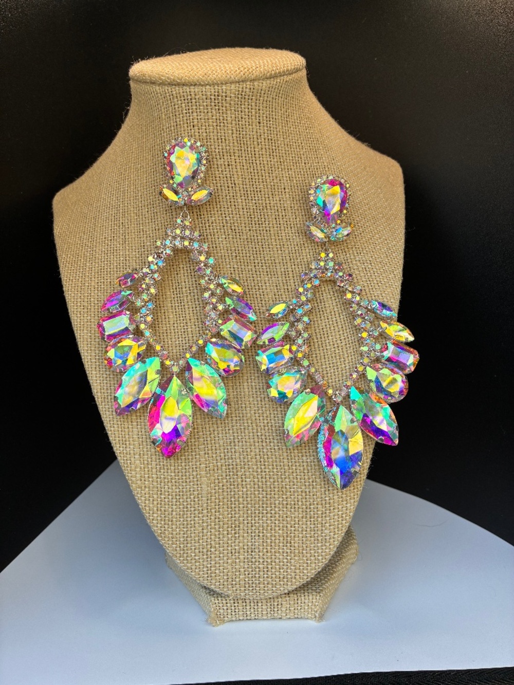Iridescent Oversized Silver-Tone Dangle Rhinestone Earring